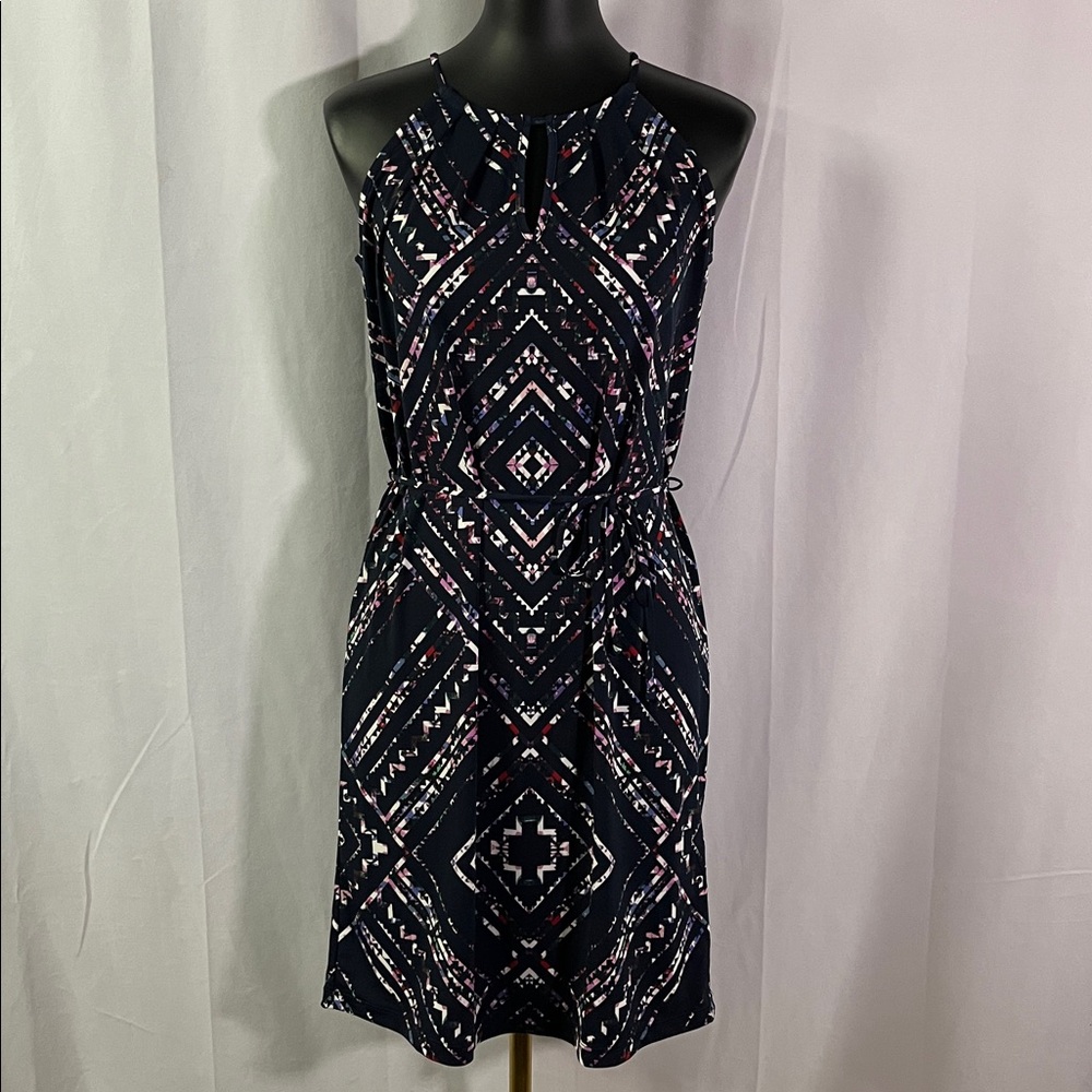 Banana Republic Factory Navy Multicolor Printed Sleeveless Tie Waist Shift Dress